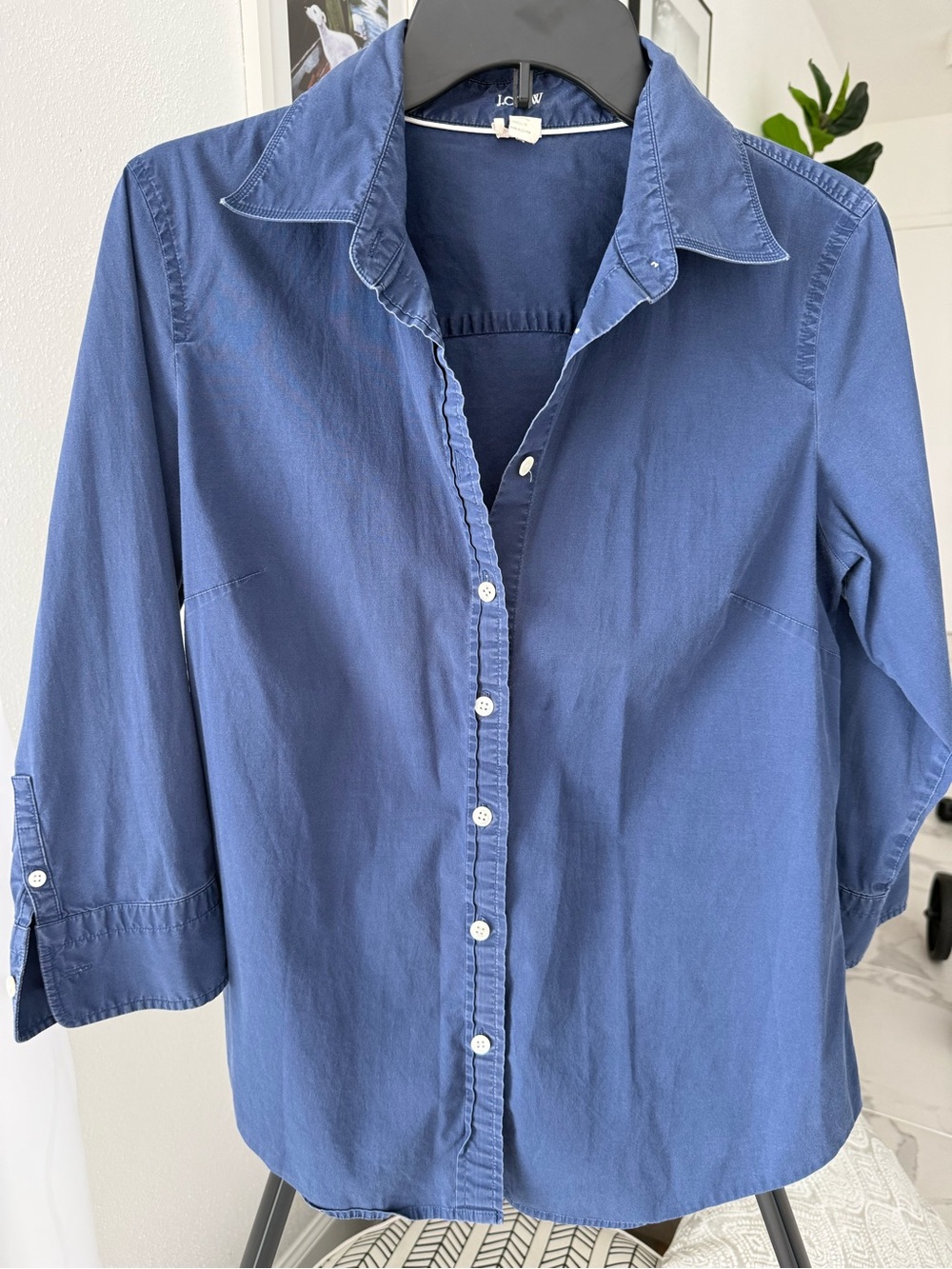 J. Crew Navy Blue Stretch Button-Front top, 3/4 Sleeve, Tailored Fit Large, 90’s